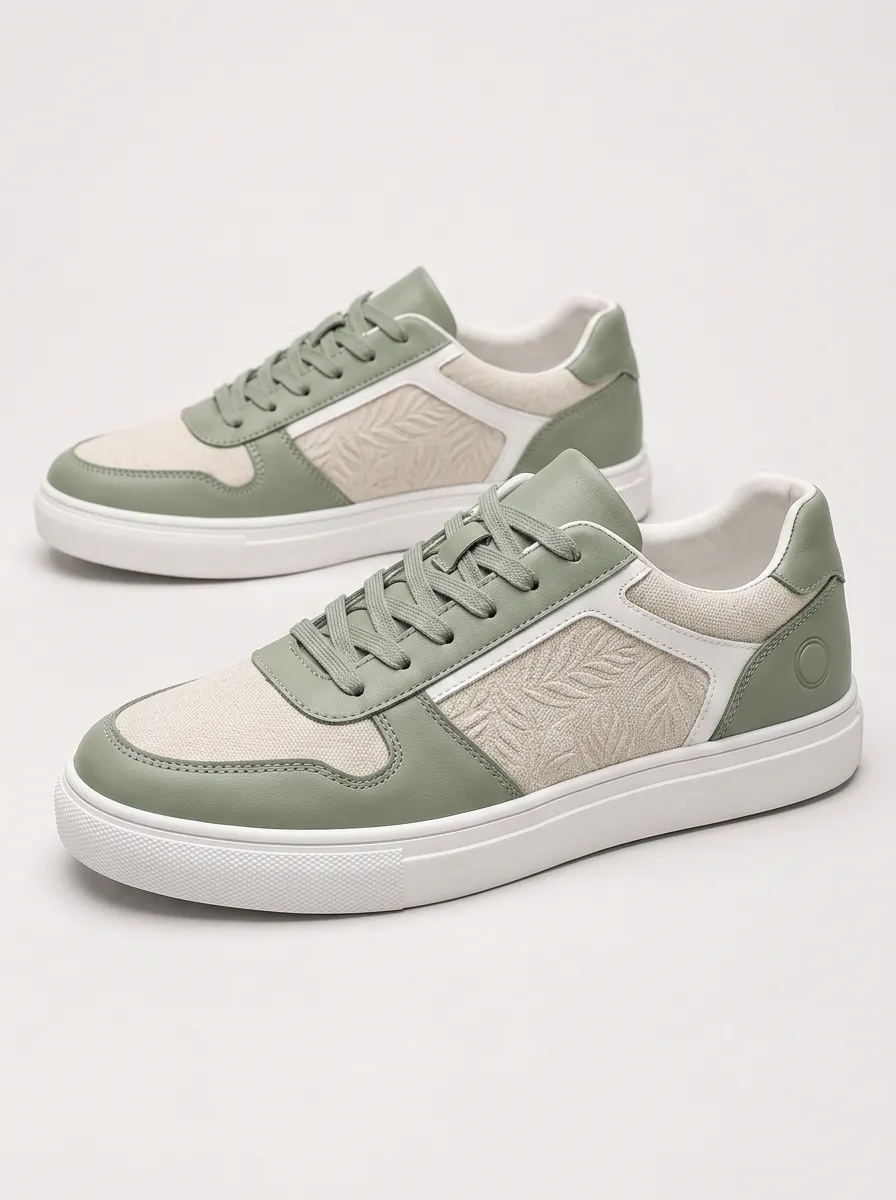 Men's Sage Green Leaf Pattern Embossed Casual Sneakers