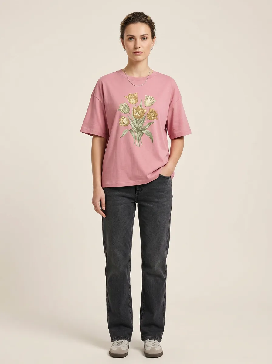 Women's Crew-Neck Graphic-Print Floral-Motif T-Shirt