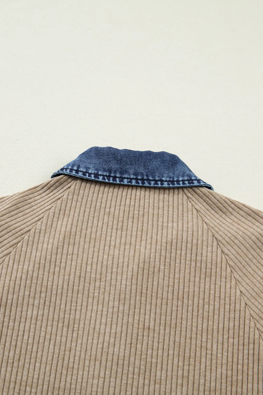 Beige Ribbed Knit Denim Patchwork Top
