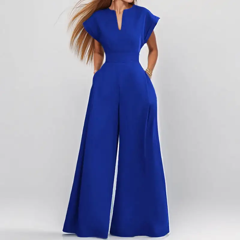 Refined V-Neck High-Waist Belted Jumpsuit
