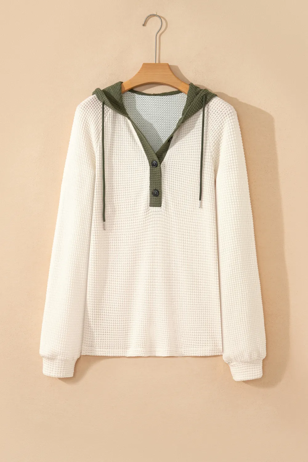 White Waffle Contrast Half Buttoned Pullover
