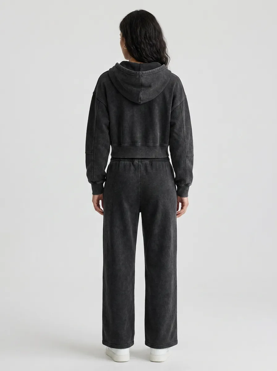 Zip-Up Vintage-Wash Sporty Women's Cropped Zip-Up Hoodie Jogger Active Set