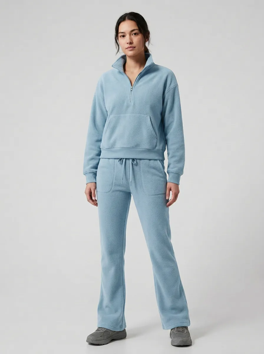 Women's Kangaroo-Pocket Half-Zip Pullover And Straight-Leg Fleece Matching Set