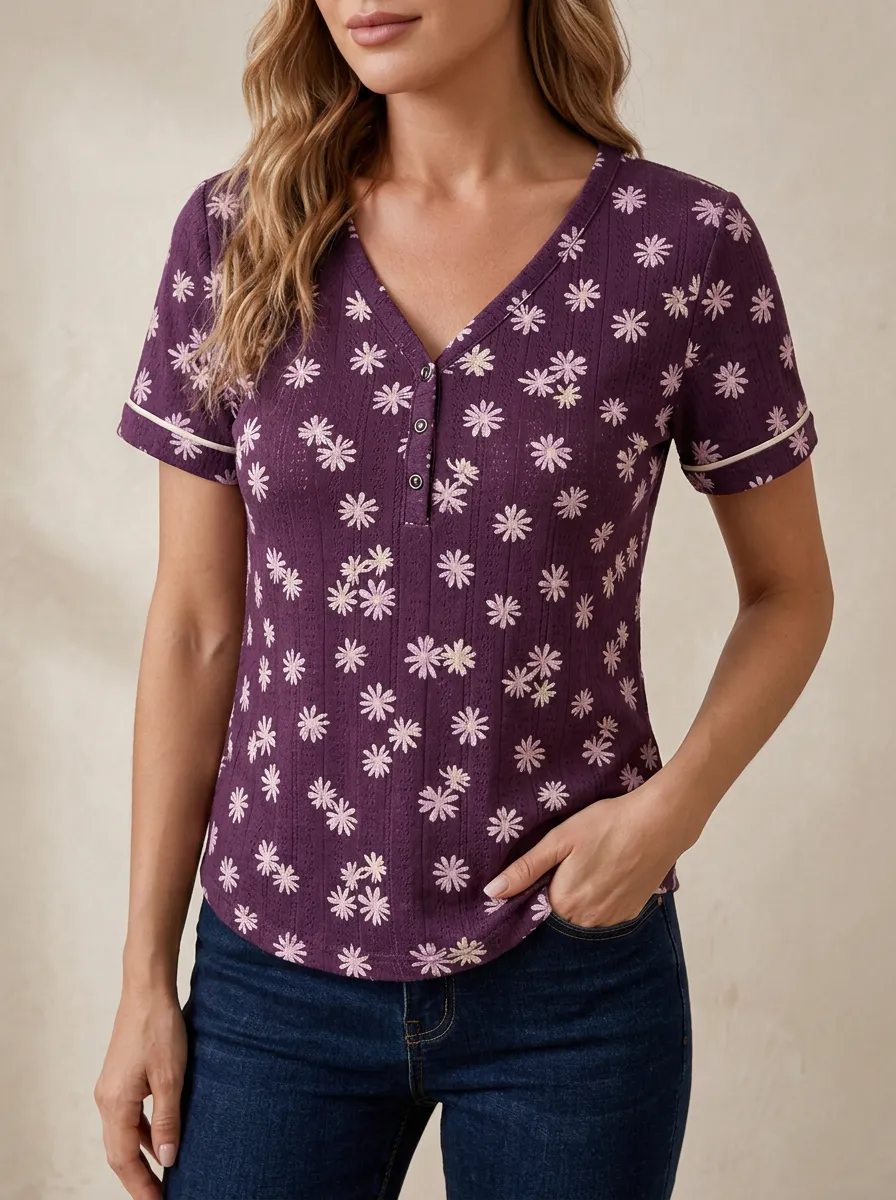 Women's Floral Pattern Purple Daisy Printed Henley Top