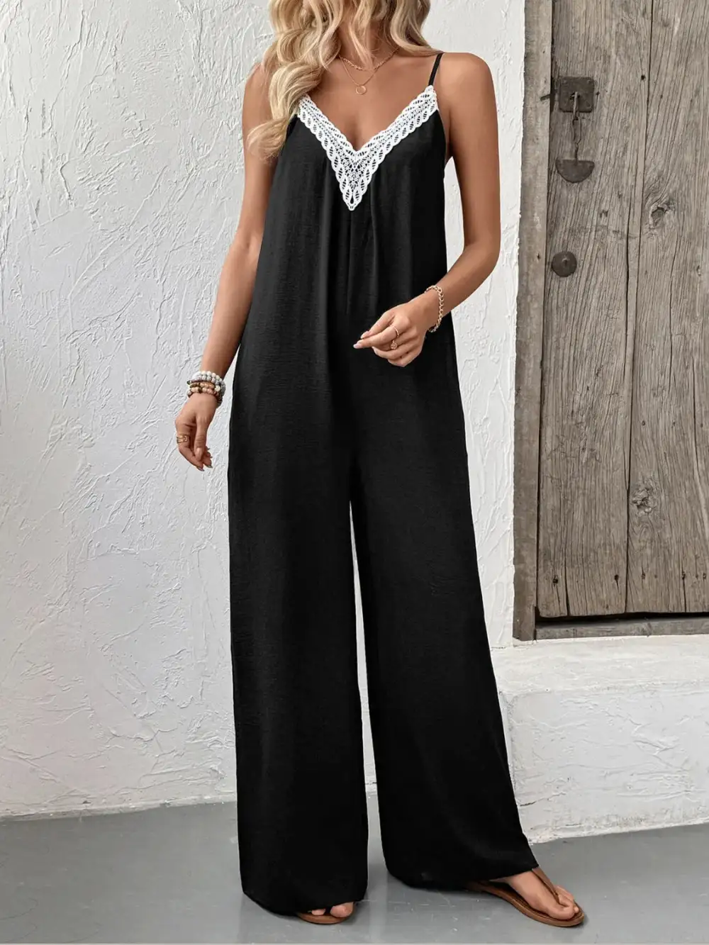 Lace Trim V Neck Wide Leg Jumpsuit