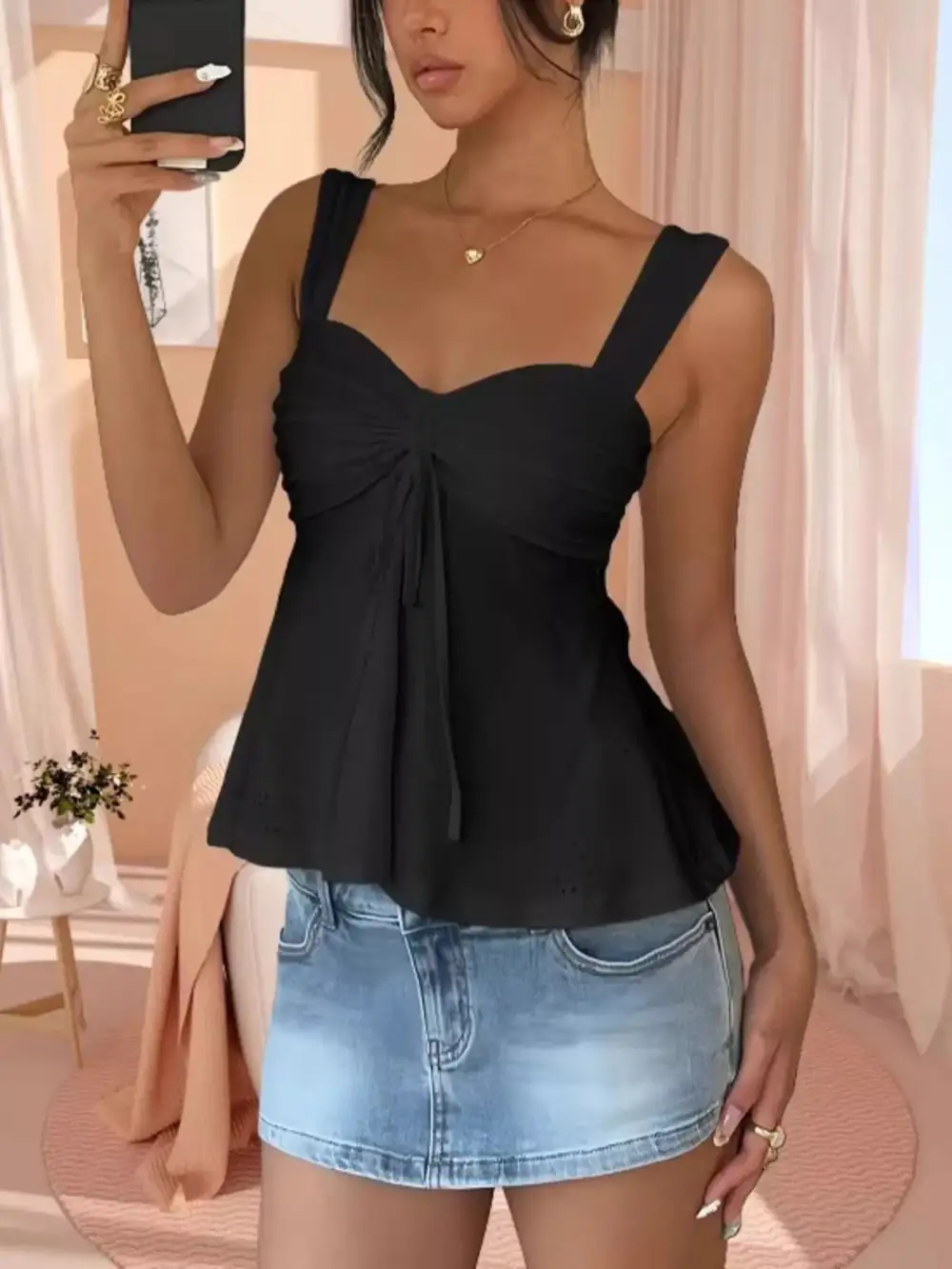 Eyelet Embroidered Drawstring Cami Top