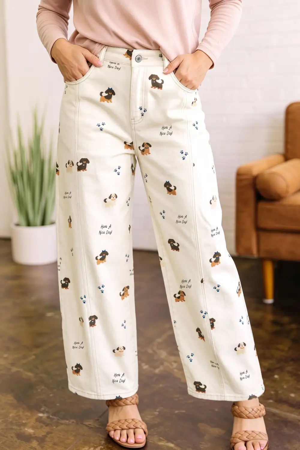 Women's Abstract Dog Print Wide Leg Full Length Jeans