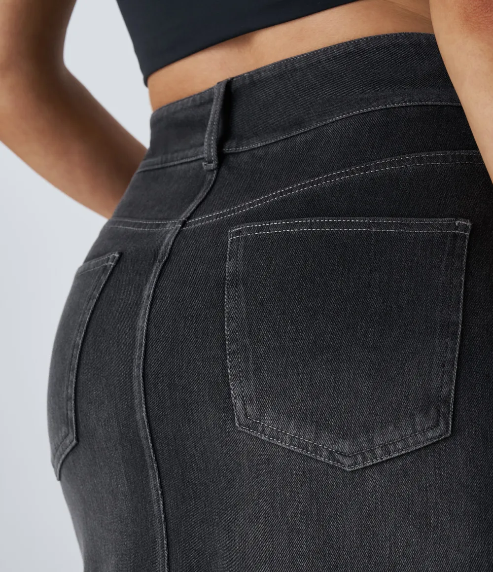 Magic High Waisted Multiple Pockets Bodycon Split Washed Stretchy Knit Denim Casual Midi Skirt