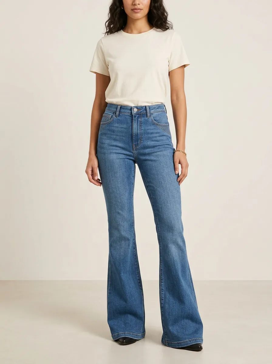 Faded Finish Printed Detail Flare Jeans