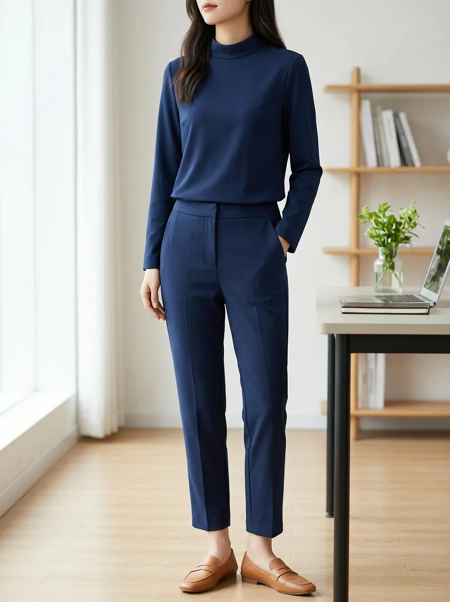 Women's Navy Mock Neck Long Sleeve Slim Fit Relaxed Trouser Set