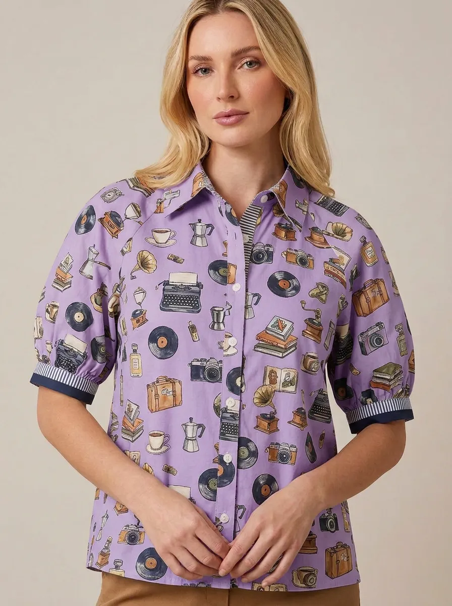 Women's Vintage Hobby Lover Retro Items Printed Shirt