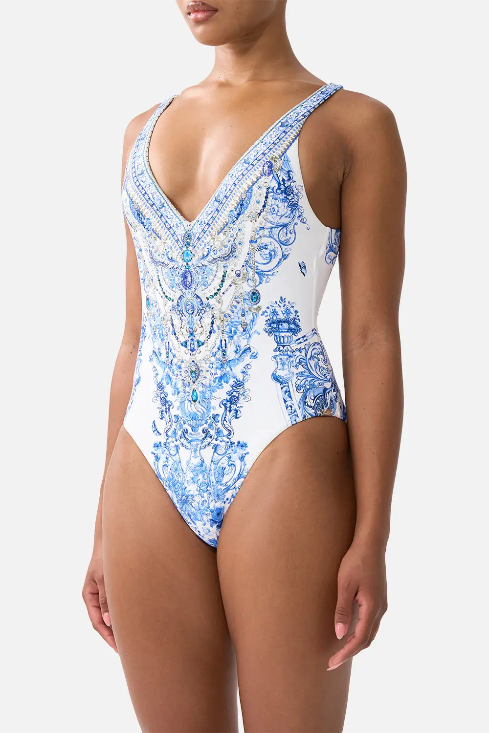 V-Neck One-Piece Swimsuit with V Back
