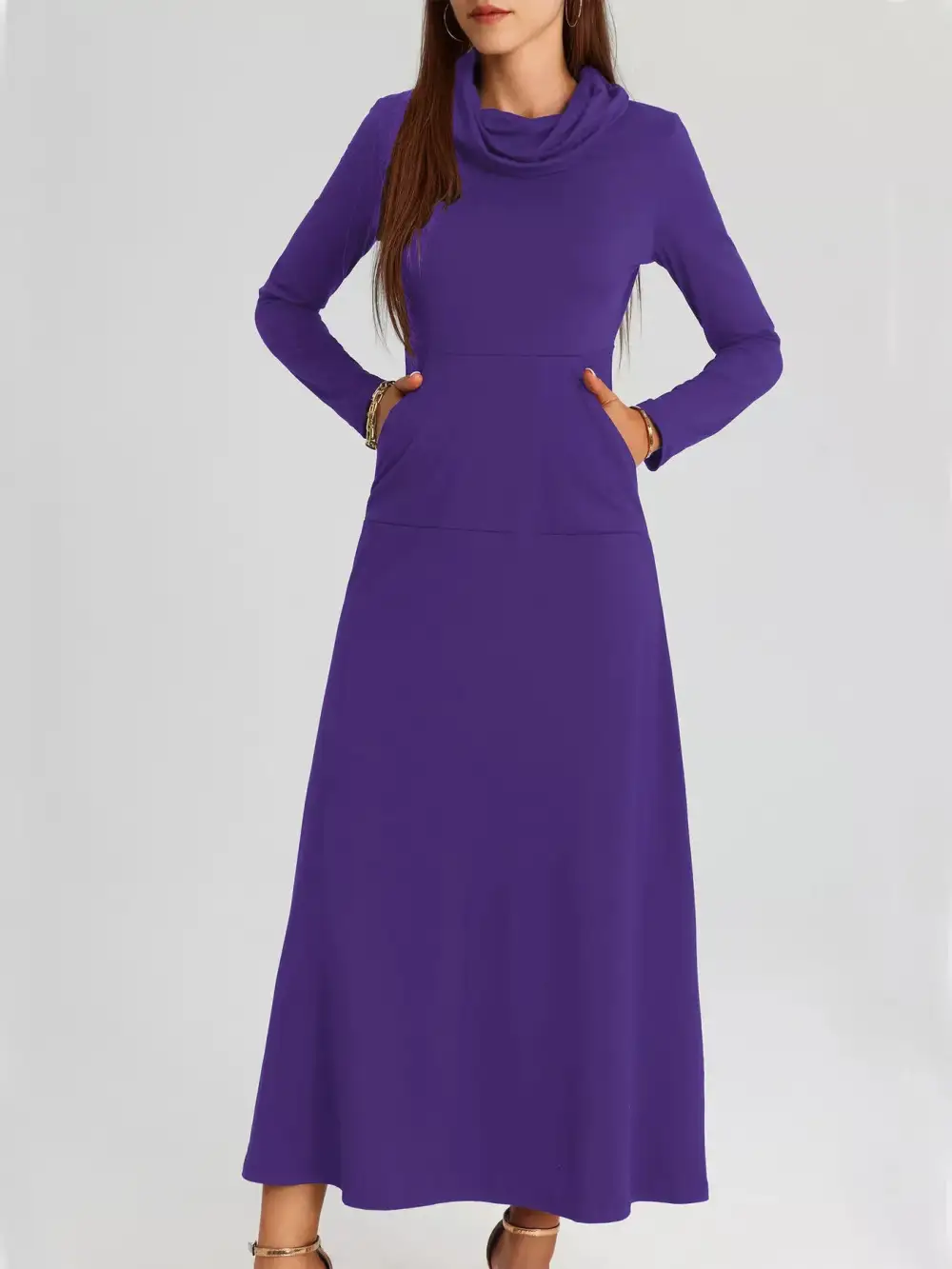 Cowl Neck Long Sleeve Midi Dress