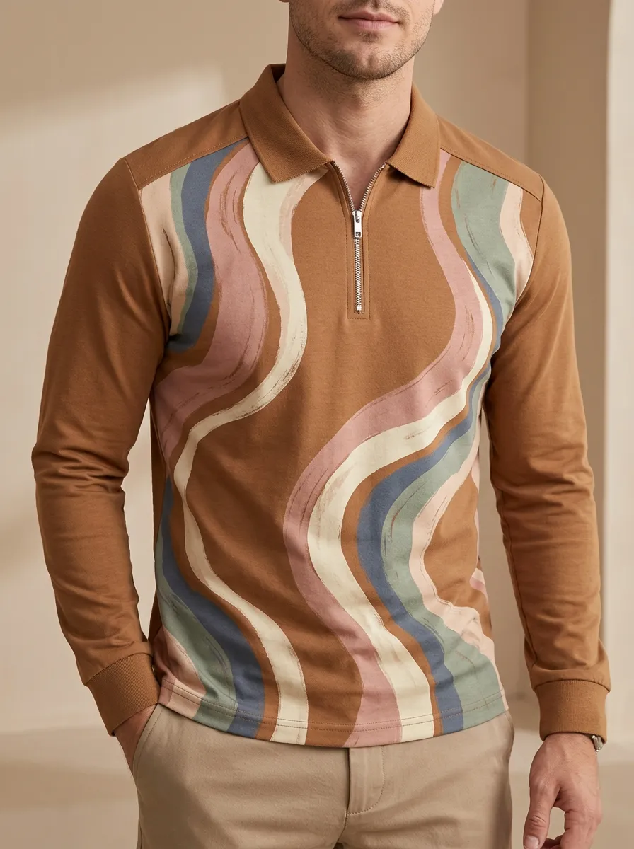 Men's Abstract Wavy Stripe Printed Long Sleeve Zip Polo Shirt