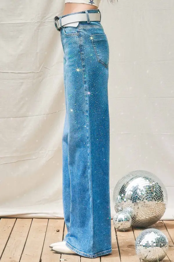 Iridescent Rhinestone High Rise Jeans