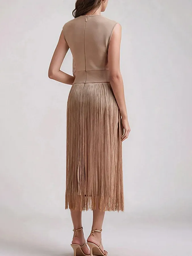 Elegant Sleeveless High Waist Slim Tassel Midi Dress