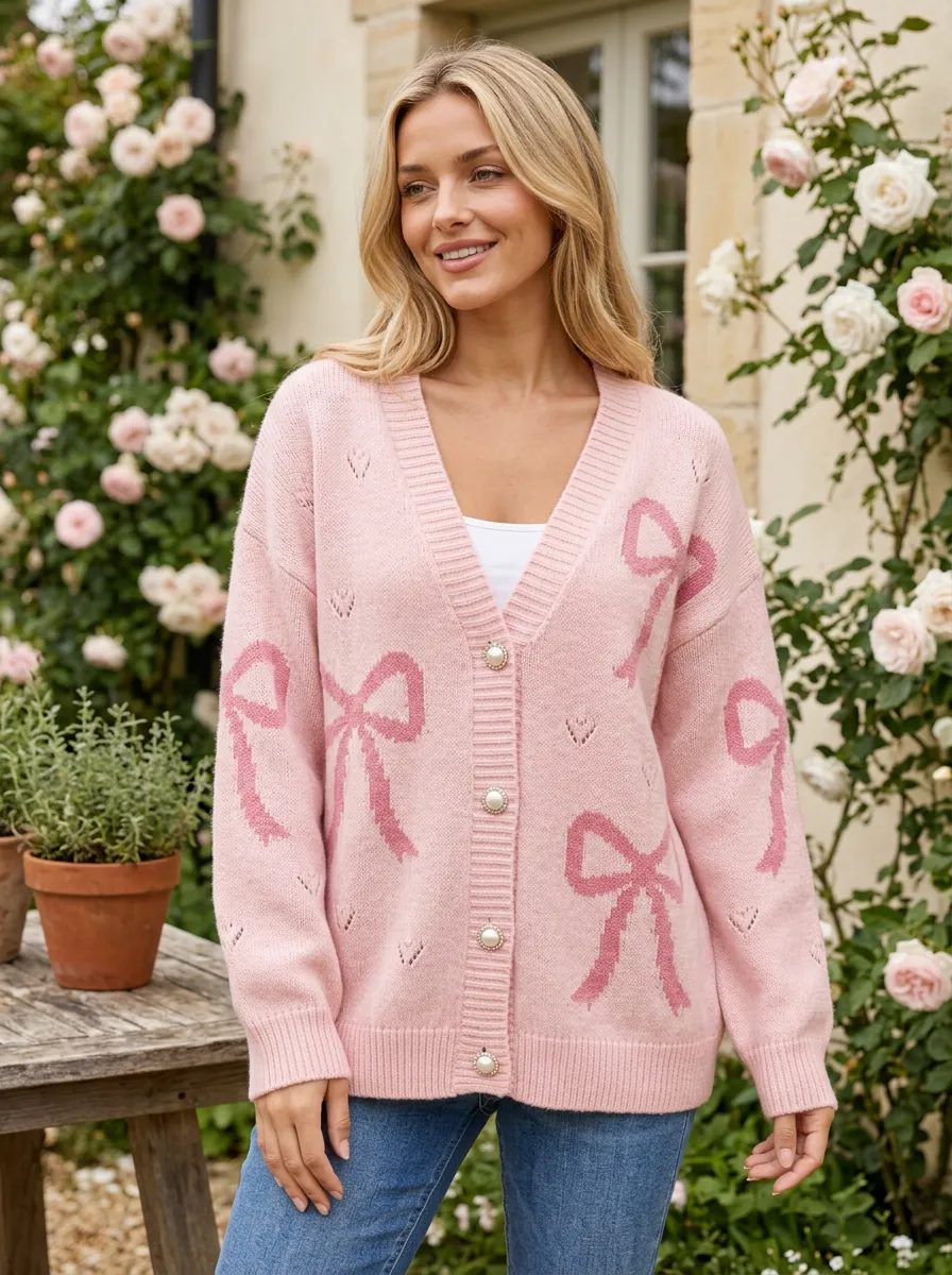 Women's Romantic Coquette Ribbon Bow Romantic Printed Cardigan