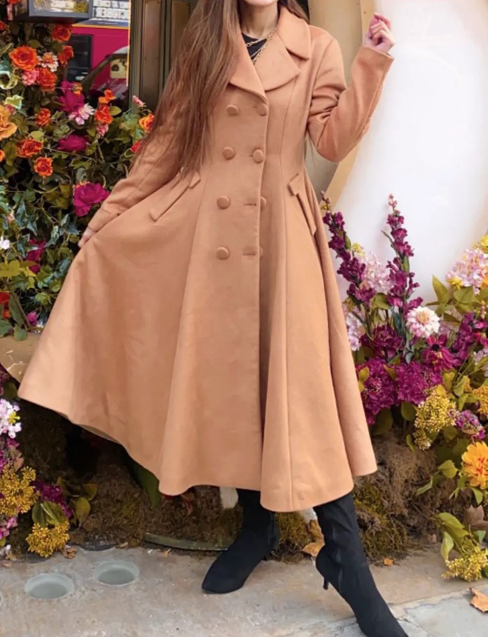 Versatile Wool Blend Fit and Flare Double Breasted Pocketed Button Front Coat