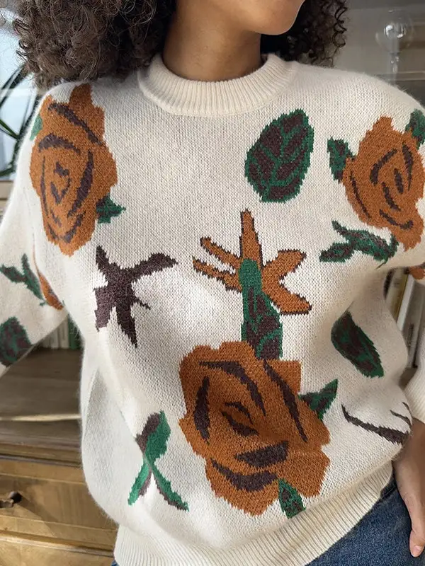 Women's Floral Round-Neck Relaxed Sweater