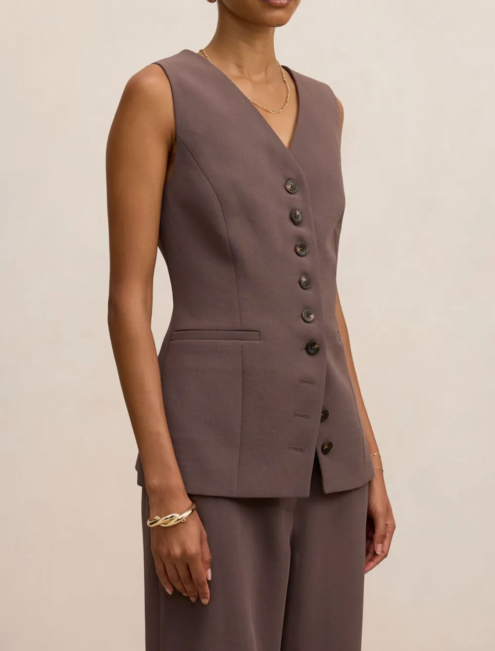 Taupe Petite Sleeveless Button-Down Waistcoat