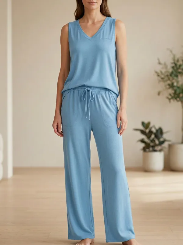 Solid V-Neck Sleeveless Lounge Set