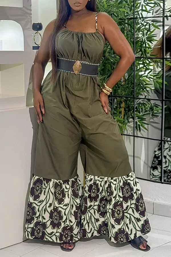Floral Print Spaghetti Strap Patchwork Wide-Leg Jumpsuit