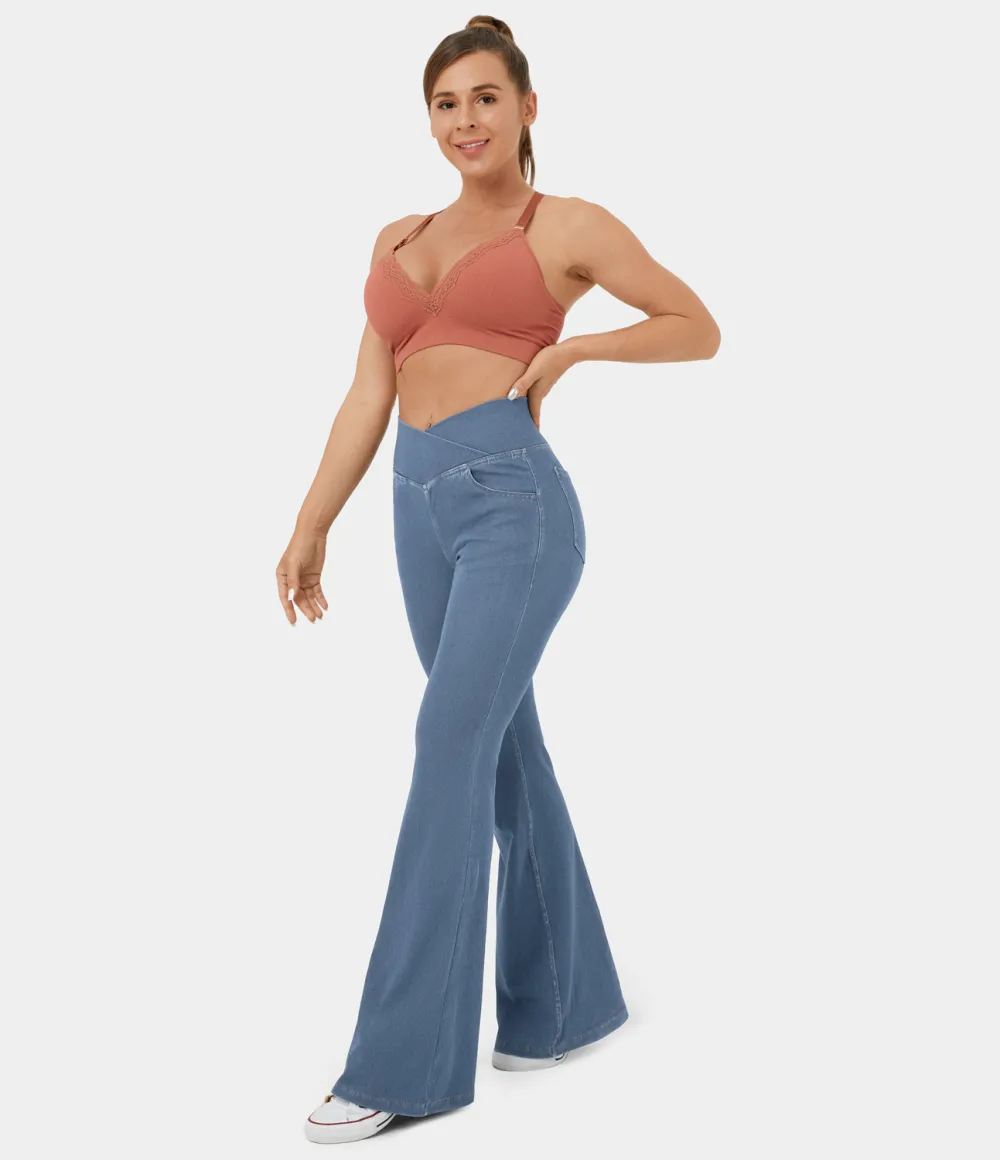 Magic High Waisted Crossover Pocket Cool Touch Washed Stretchy Knit Casual Super Flare Jeans