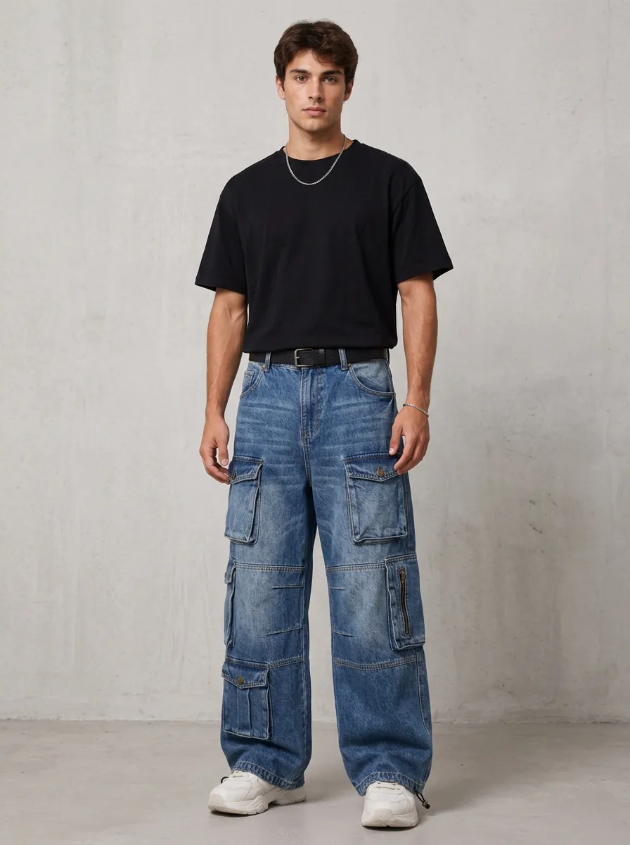 Men's Wash Multi-Pocket Drawstring Waist Cargo Jeans