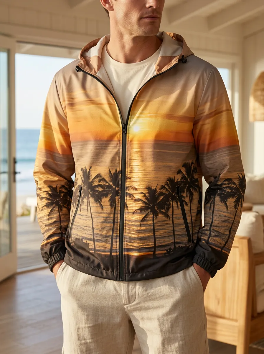 Men's Beach Vacation Tropical Sunset Palm Tree Printed Jacket