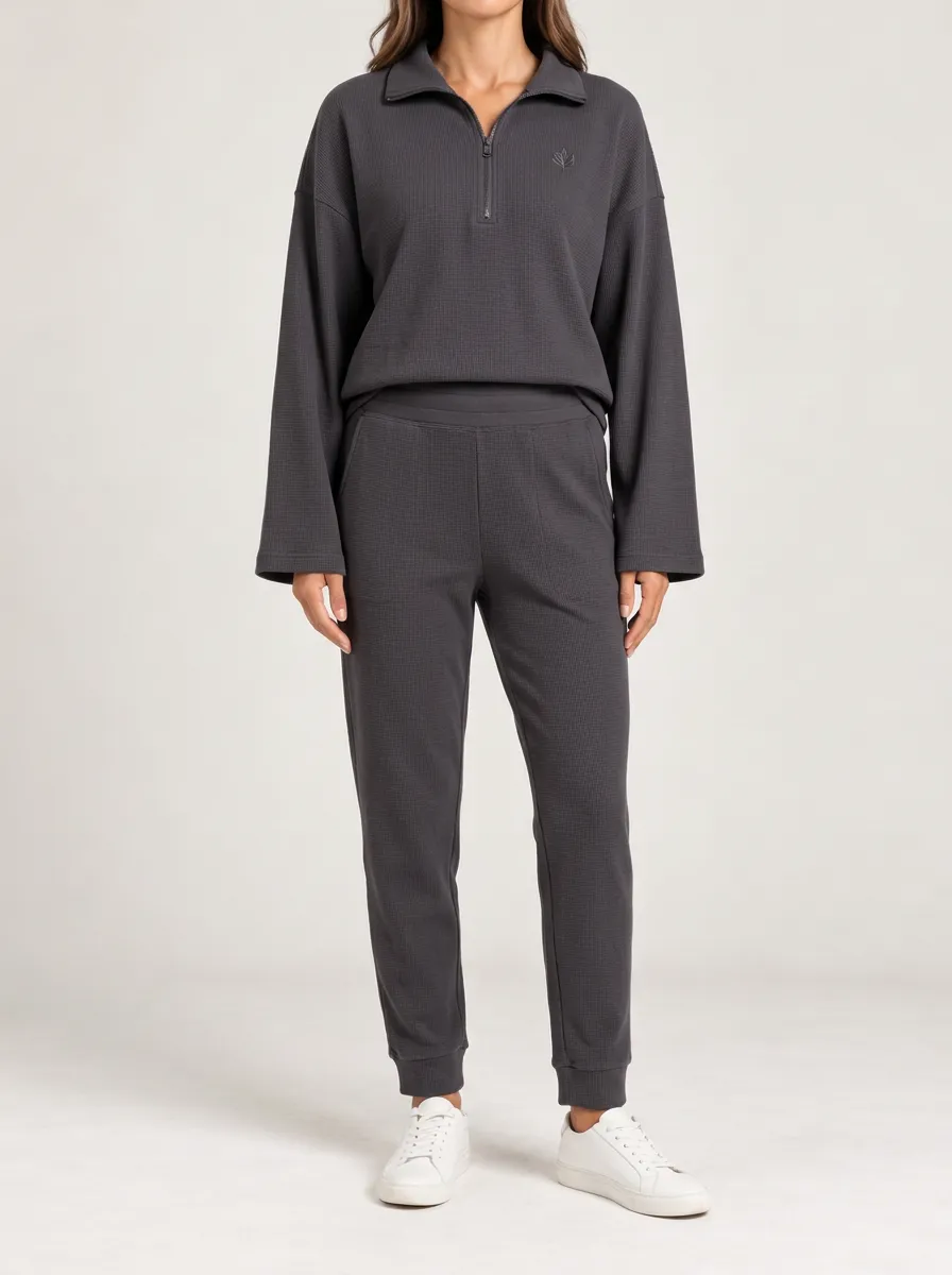 Women's Waffle-Knit Quarter-Zip Top and Pants Set