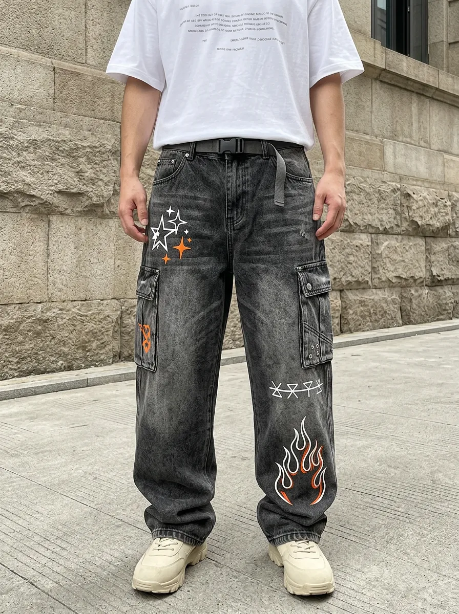 Unisex Streetwear Star Flame Cargo Jeans