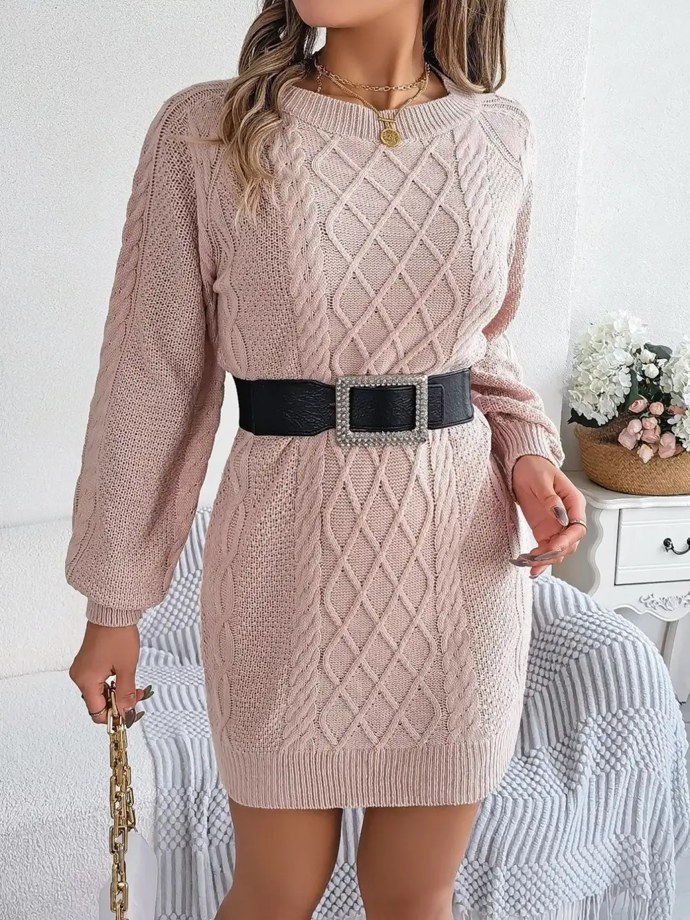 Polished Detail Knit Long Sleeve Sweater Dress