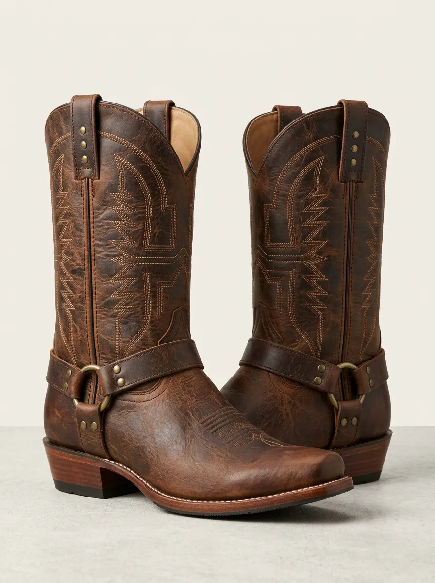 Men's Western Cowboy Brown Leather Harness Stitched Boots