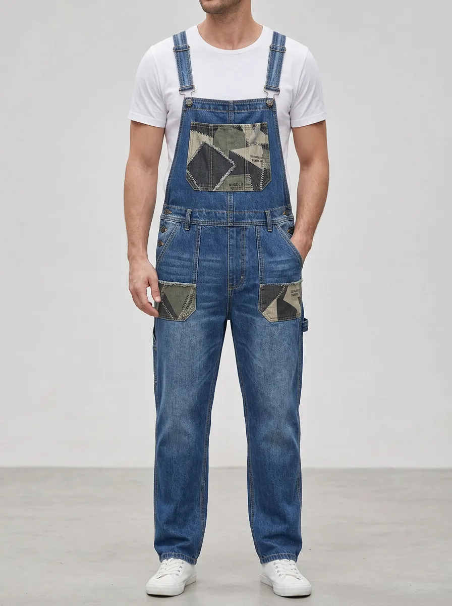 Patchwork Denim Contrast Stitch Overalls
