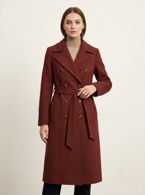 Women's Camel Double-Breasted Stitched Detail Wool-Blend Trench Coat
