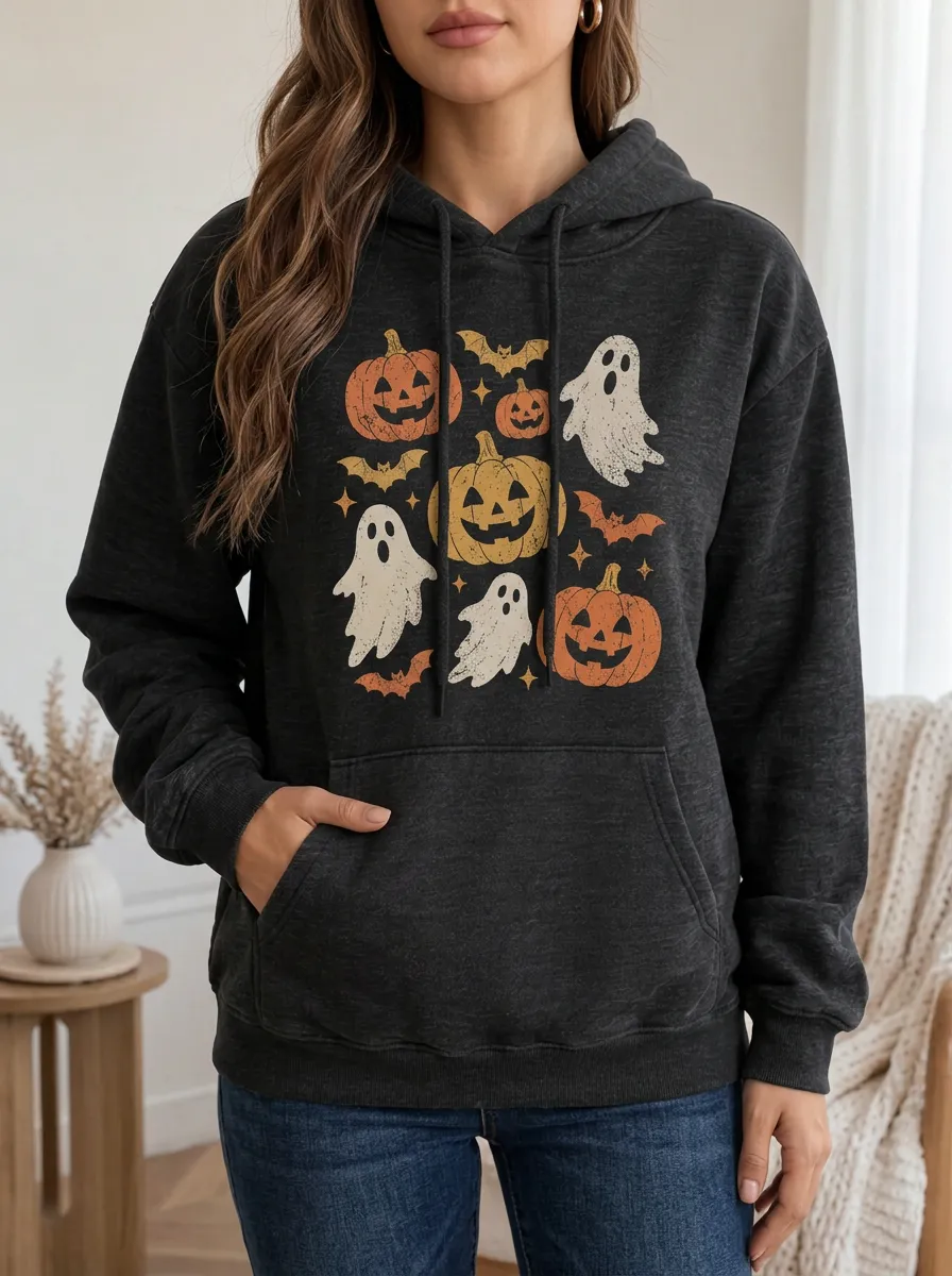 Women's Halloween Pumpkin Ghost Bat Printed Hoodie