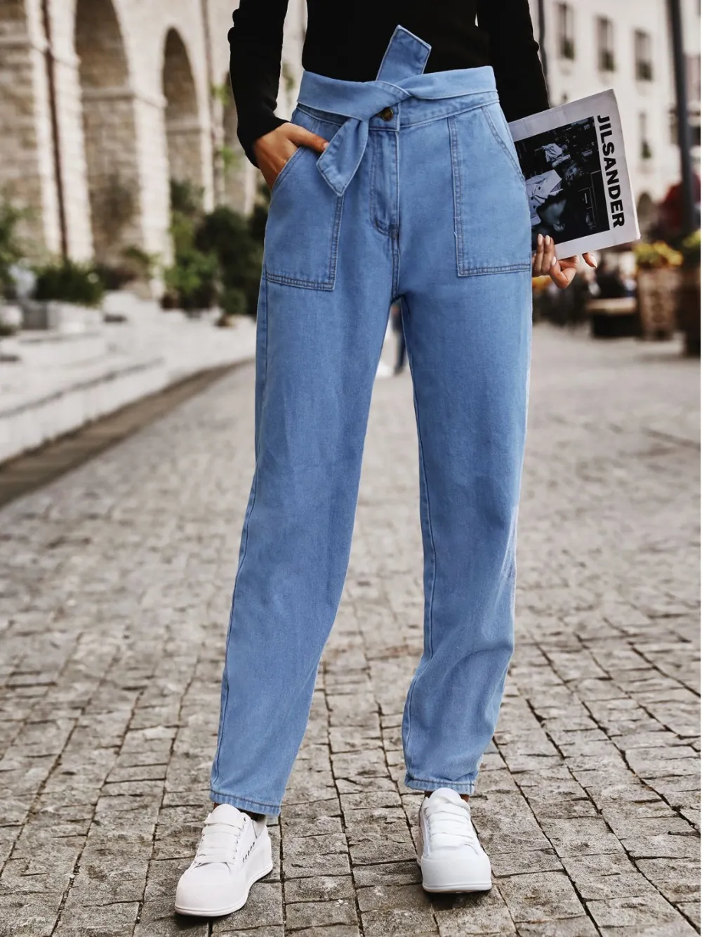 Refined Washed Tie-Waist Pocketed Stretch Straight Leg Jeans