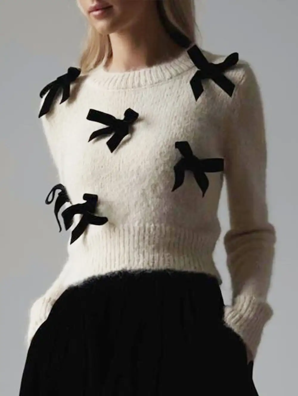 Plush Pullover Knit Top with Bow Sweater