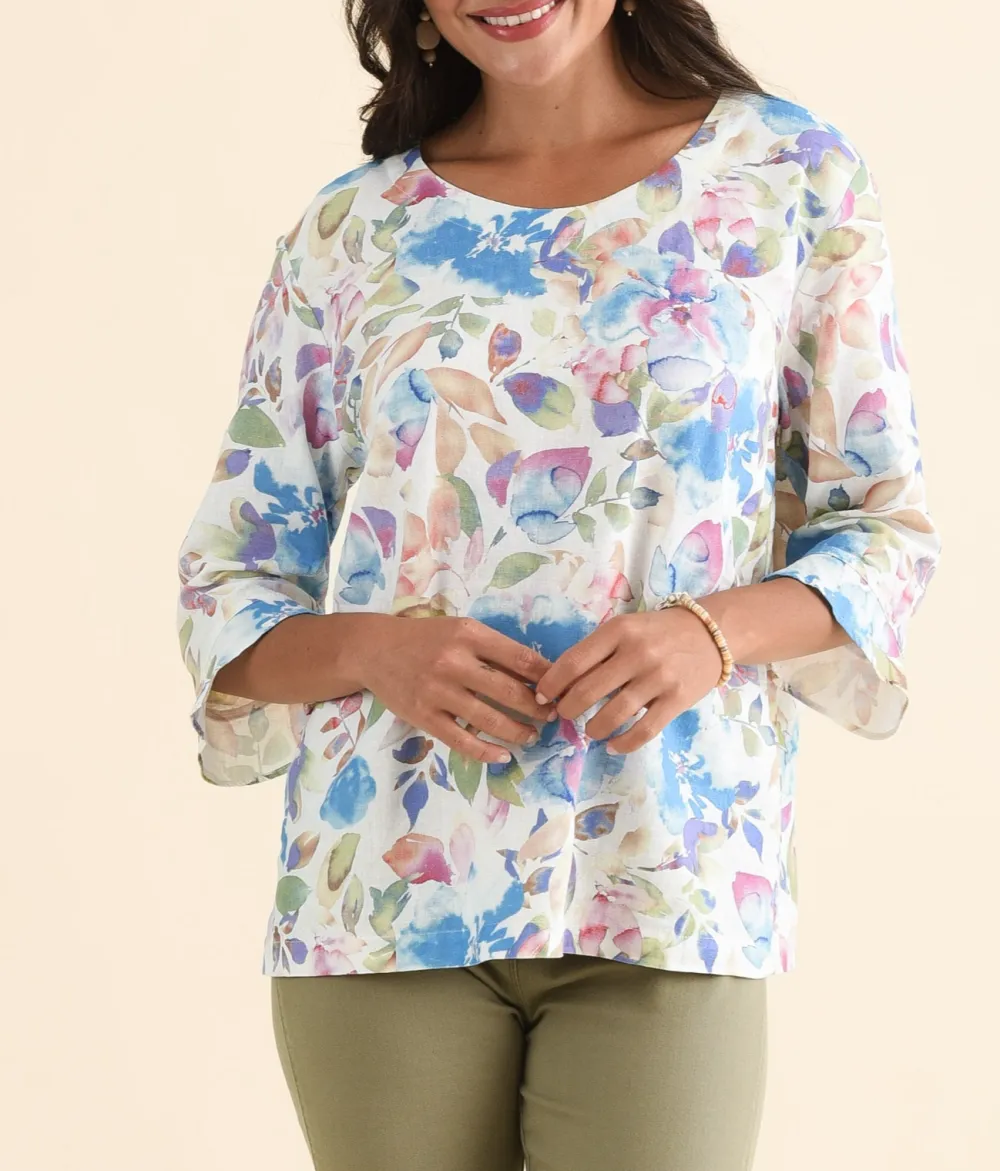 Linen Cotton Blend Floral Ruffle Detail Lightweight Top