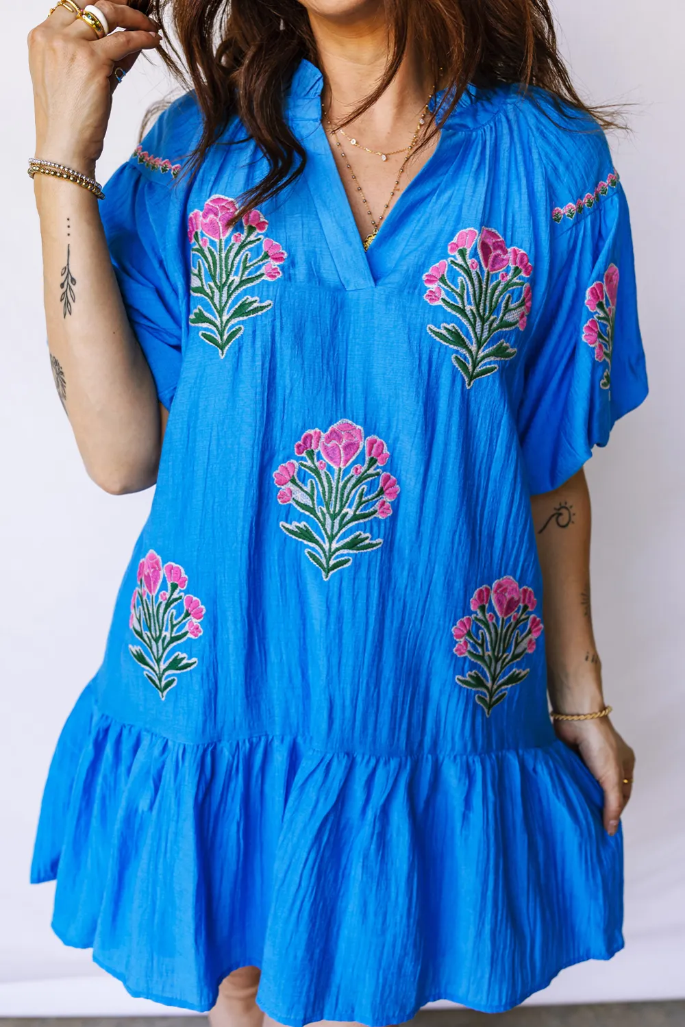 Blue Embroidered Ruffle Hem Dress