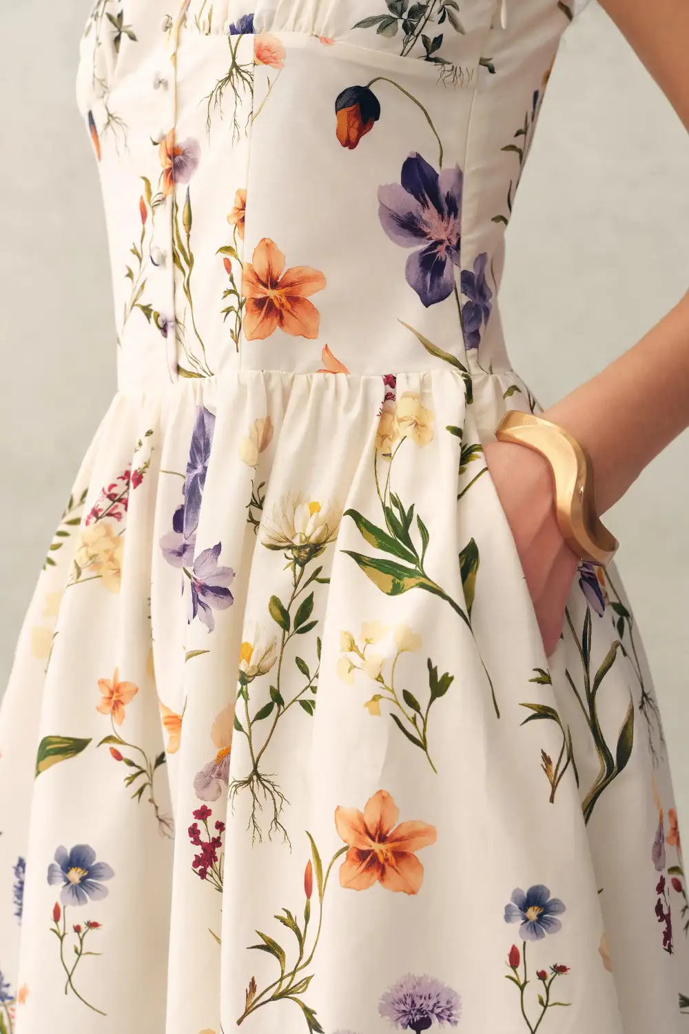 Sleeveless Ruffled Hand-Painted Silk Cotton Midi Dress