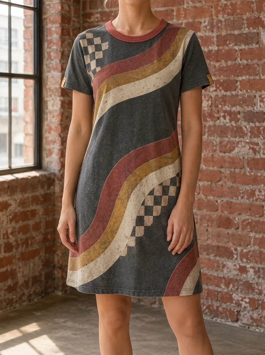 Women's Retro Vintage Checkered Wave Printed T-shirt Dress