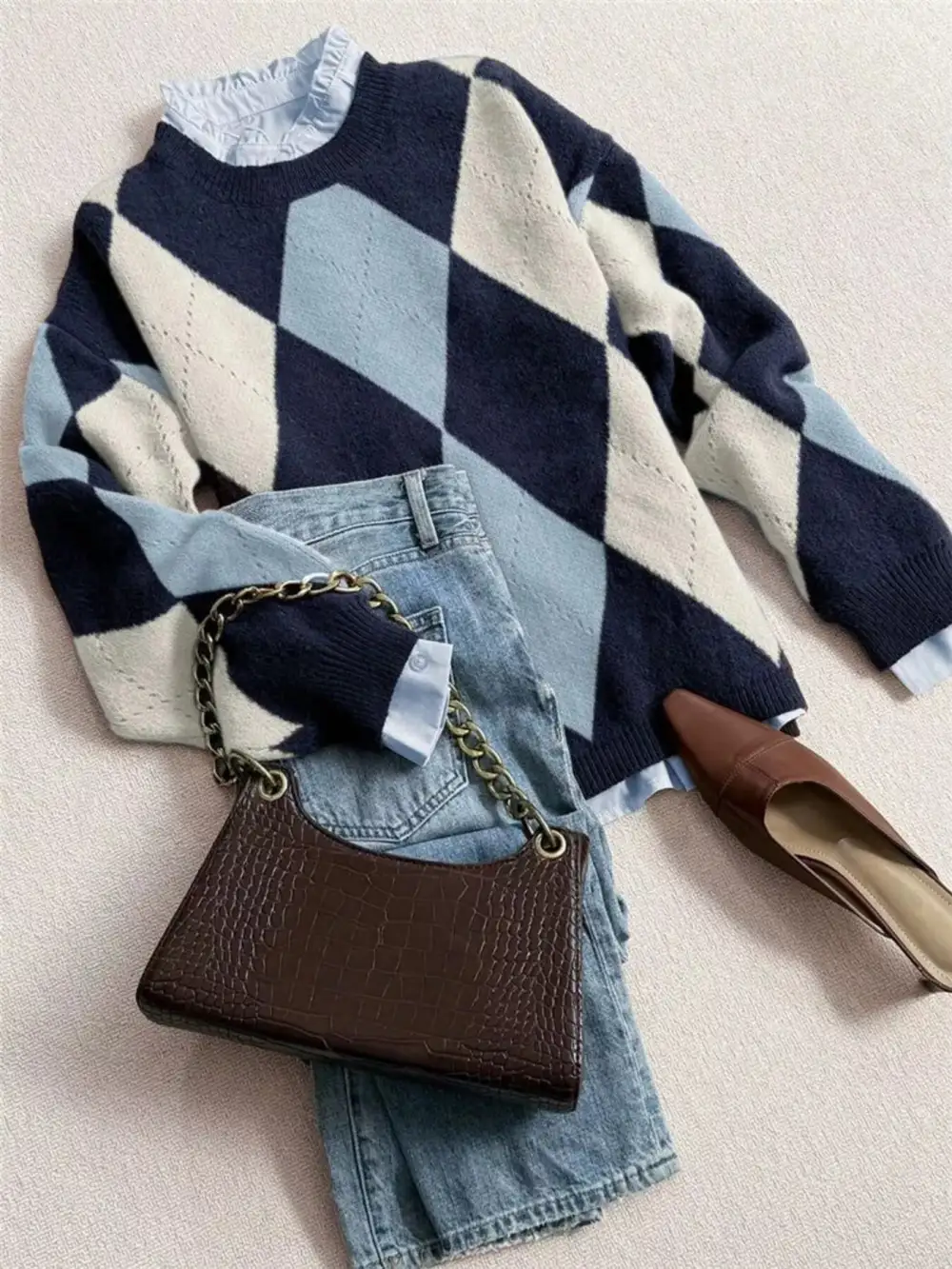 Vintage Argyle Round Neck Sweater