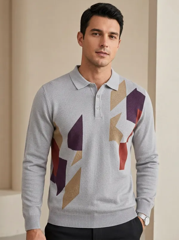 Men's Abstract Geometric Pattern Printed Long Sleeve Polo Shirt Modern Pattern