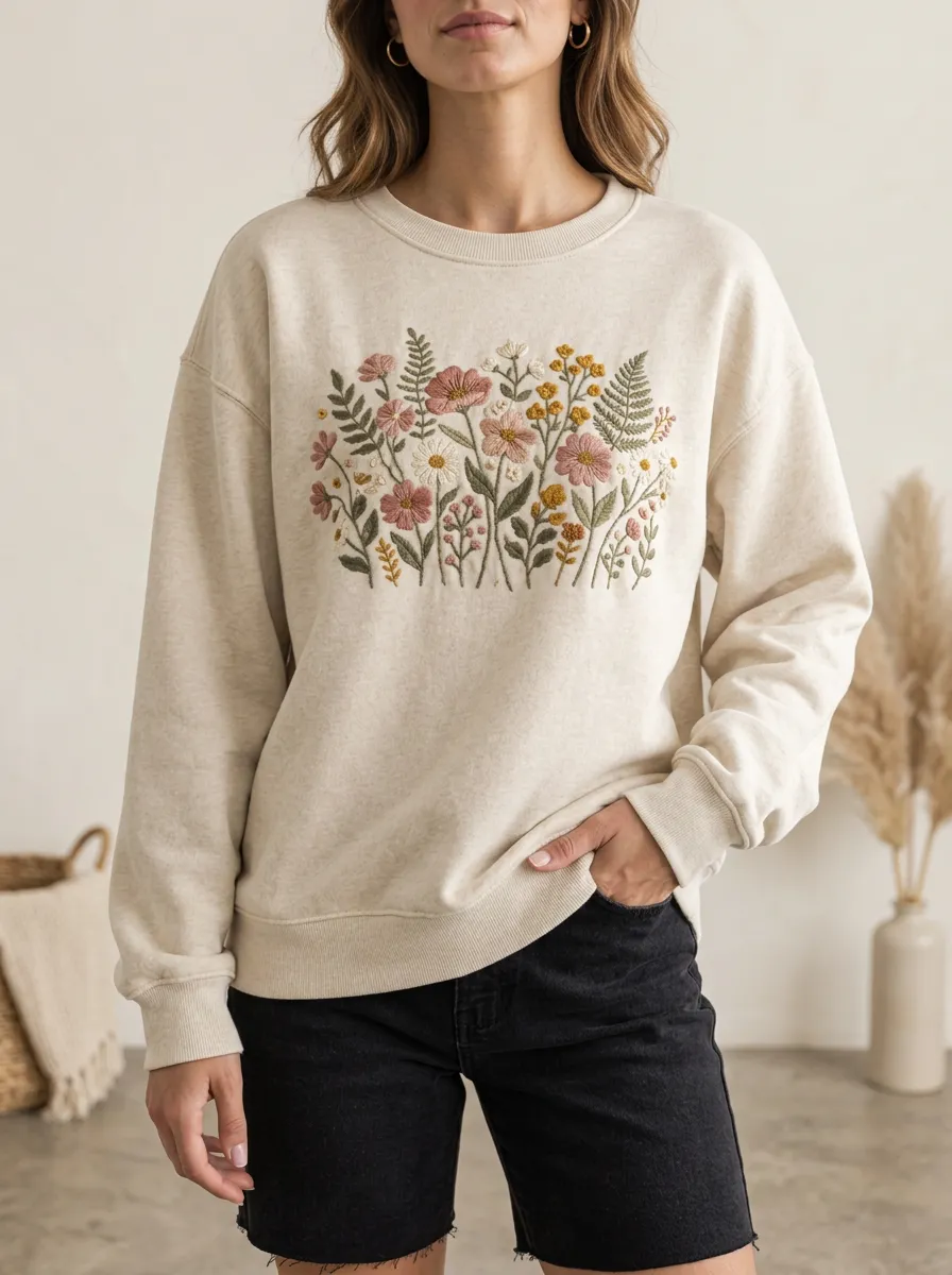 Women's Modern Embroidered Graphic Wildflower Crewneck Sweatshirt