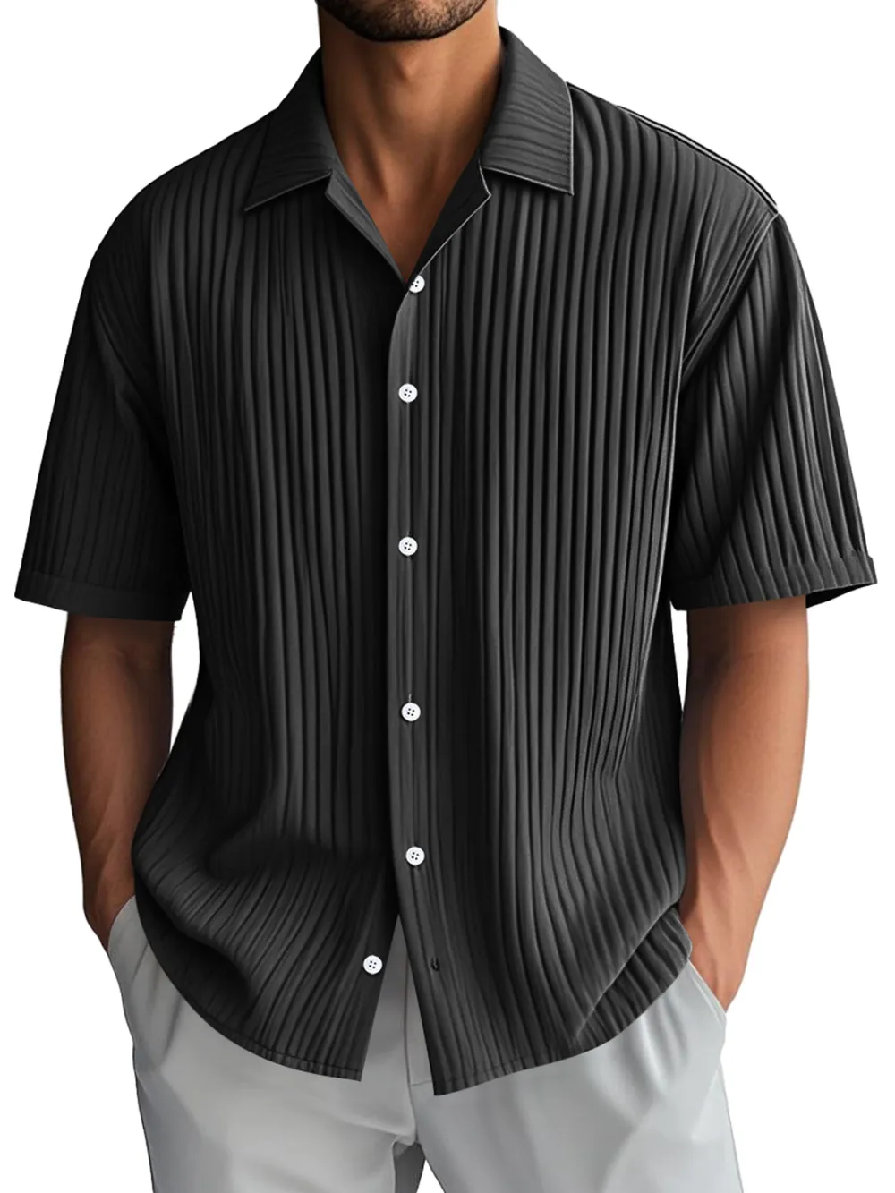 Ribbed Knit Camp Collar Shirt