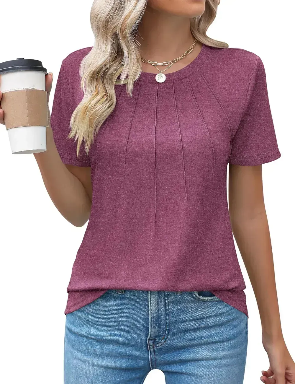 Kistore Womens Casual Crew Neck Short Sleeve Pleated Tops Blouses Fashion Clothes 2024