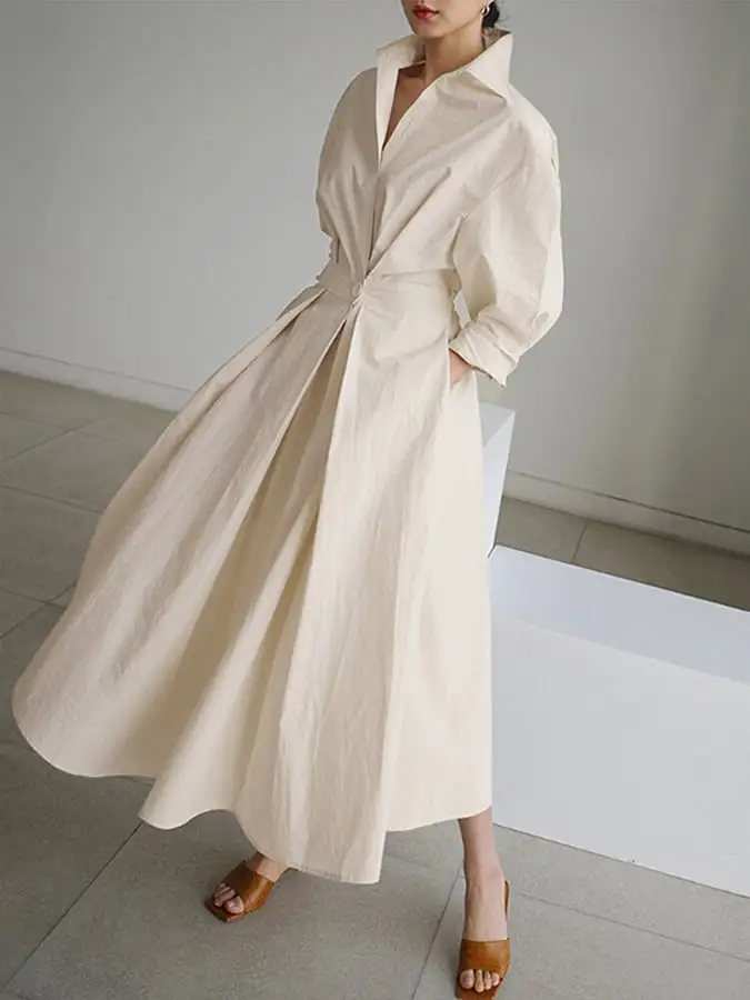 Women's Solid Pocket Button Lapel Long Sleeve Maxi Shirt Casual Dress