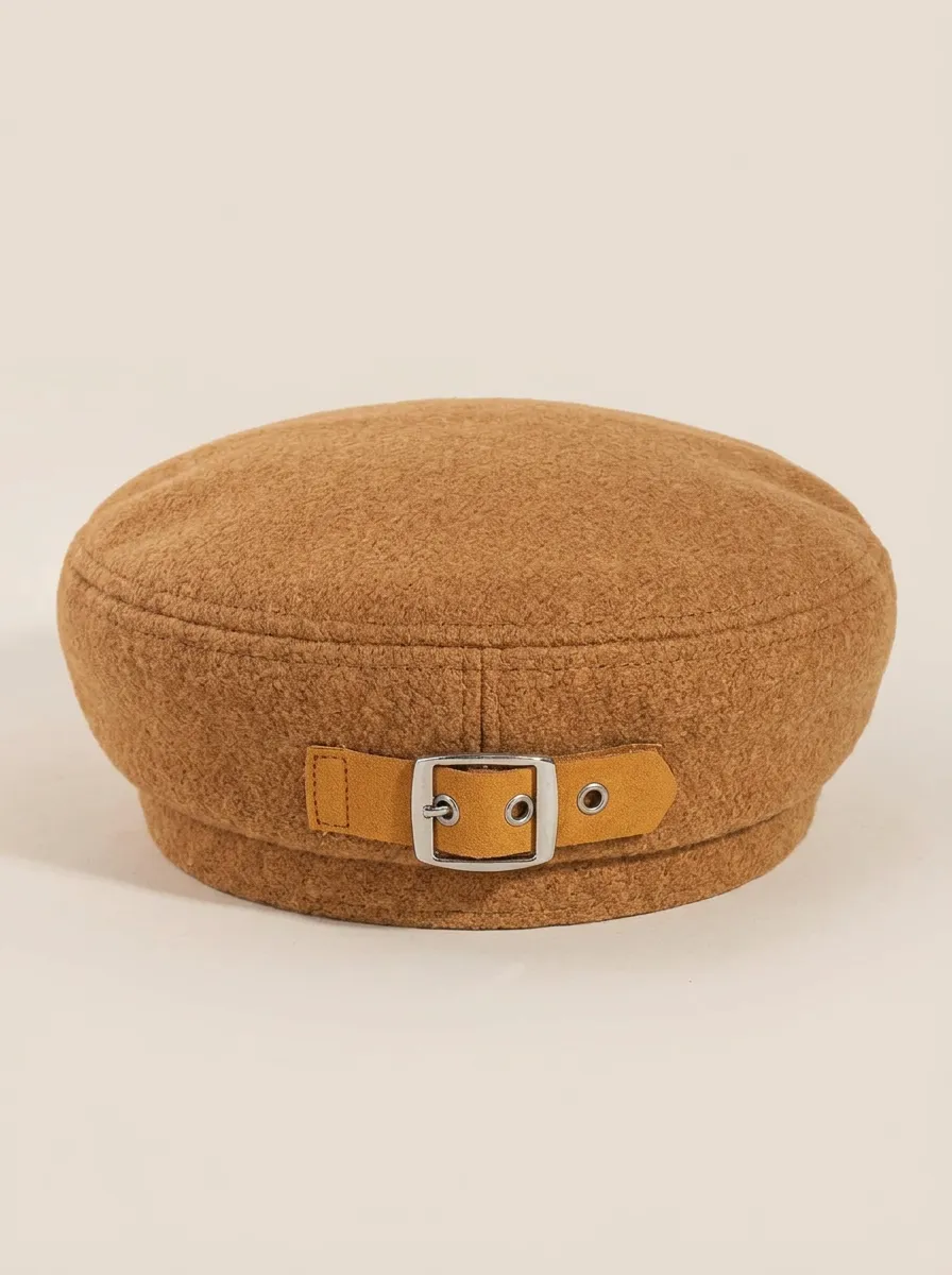 Unisex Brown Wool Felt Buckle Detail Beret