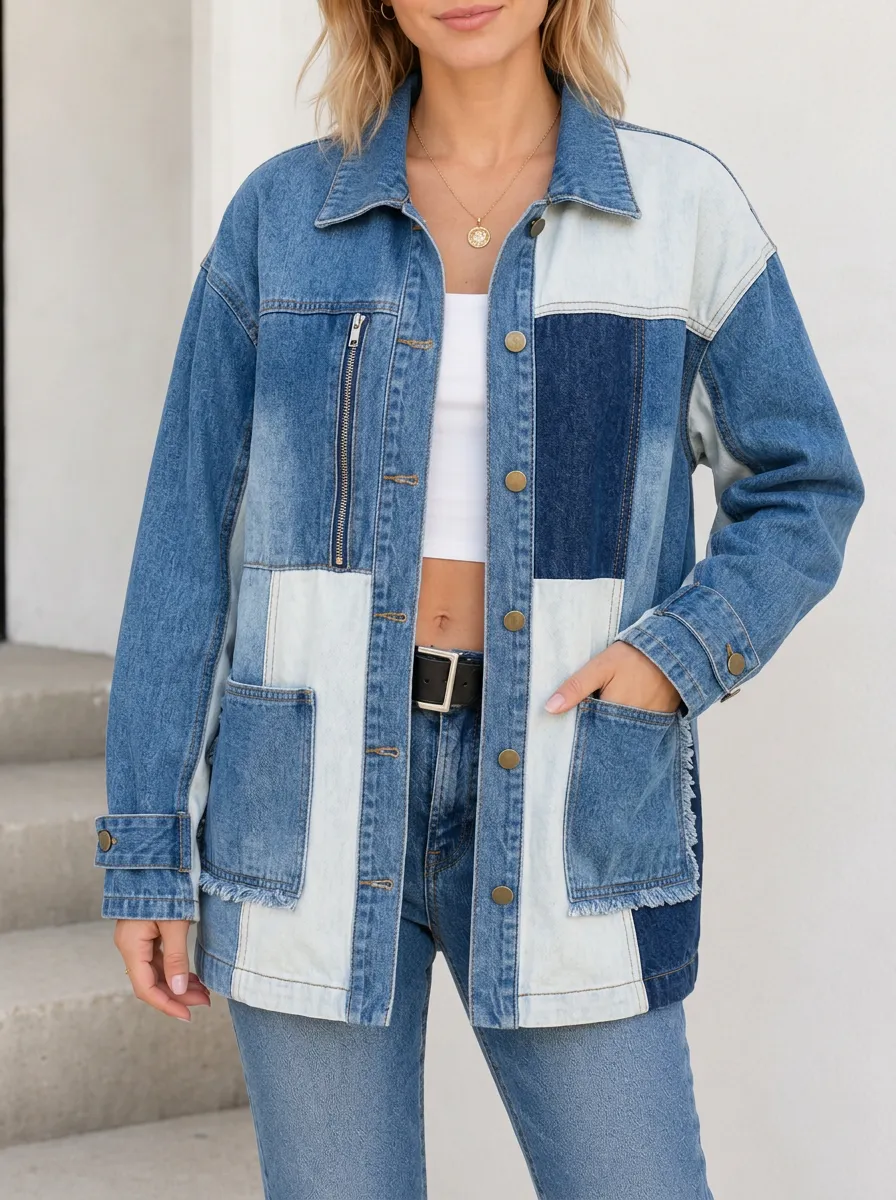 Women's Vintage Style Patchwork Denim Button Up Jacket